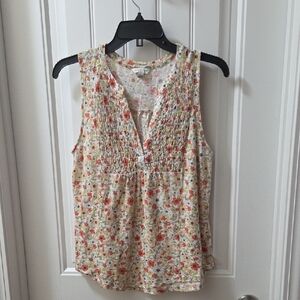 Lucky Brand Cream Sleeveless Smocked V-Neck Top with Orange Floral